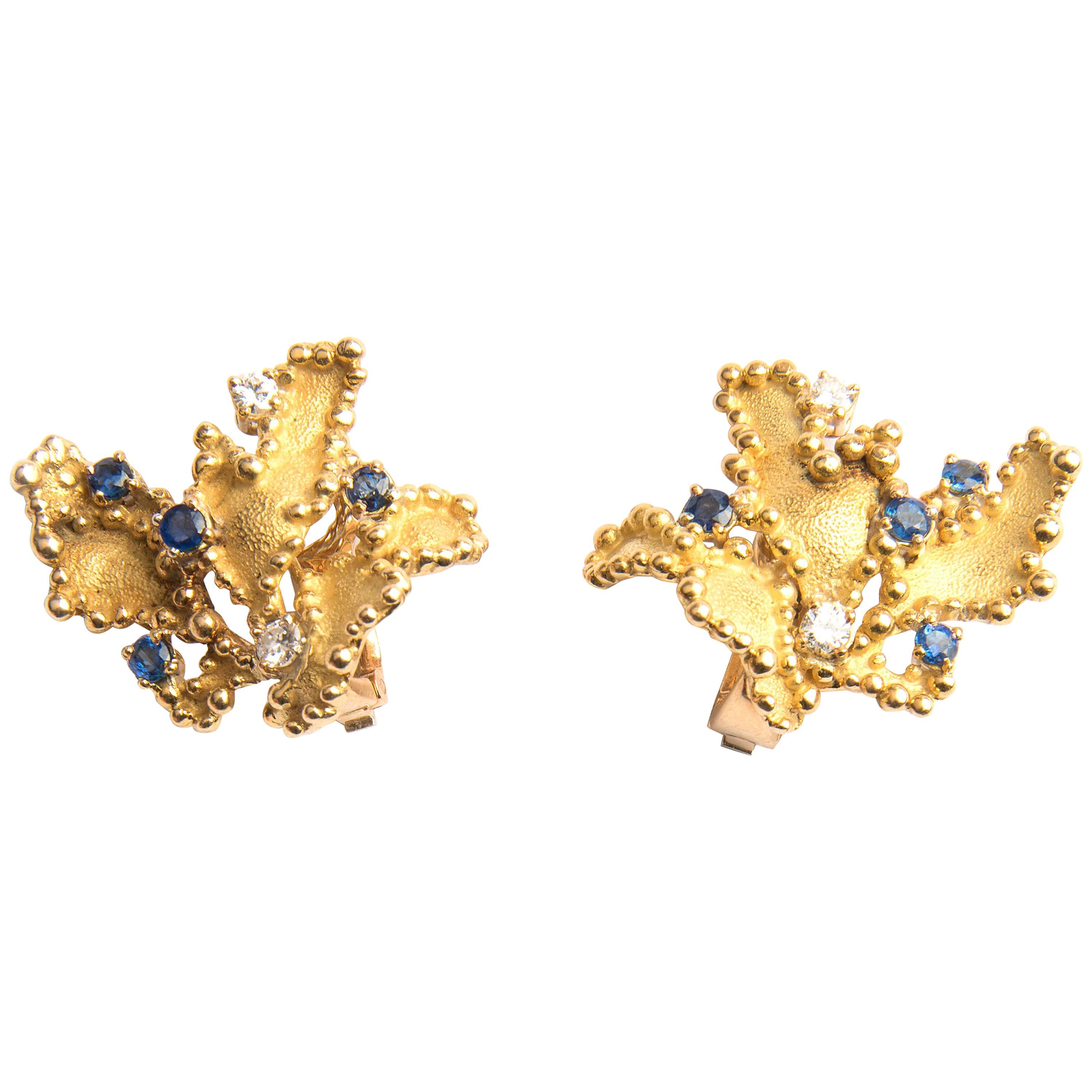 Boucheron 18k Yellow Gold Blue Sapphire and Diamond Leaf Earrings For Sale