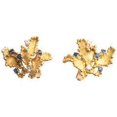 Boucheron 18k Yellow Gold Blue Sapphire and Diamond Leaf Earrings