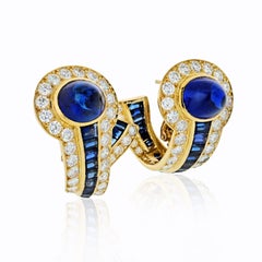 Boucheron 18 Karat Yellow Gold Cabochon Sapphires and Diamond Earrings