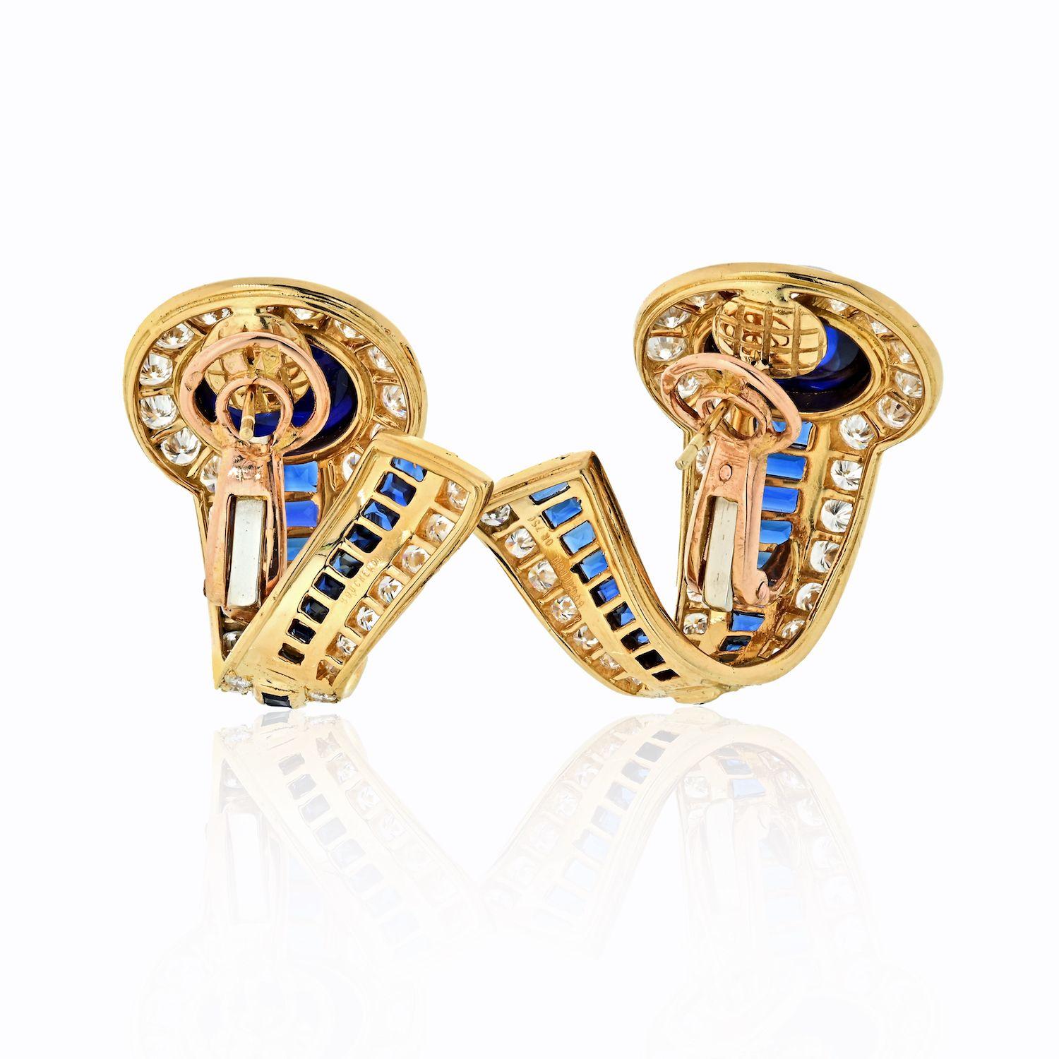 Modern Boucheron 18 Karat Yellow Gold Cabochon Sapphires and Diamond Earrings