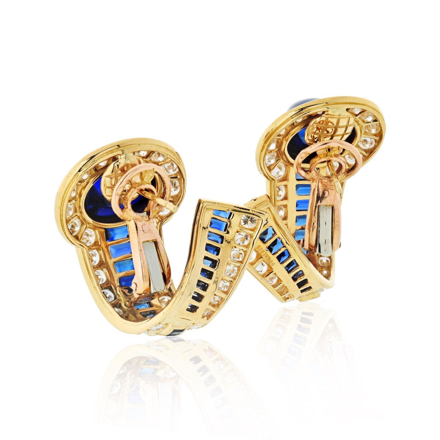 Round Cut Boucheron 18 Karat Yellow Gold Cabochon Sapphires and Diamond Earrings