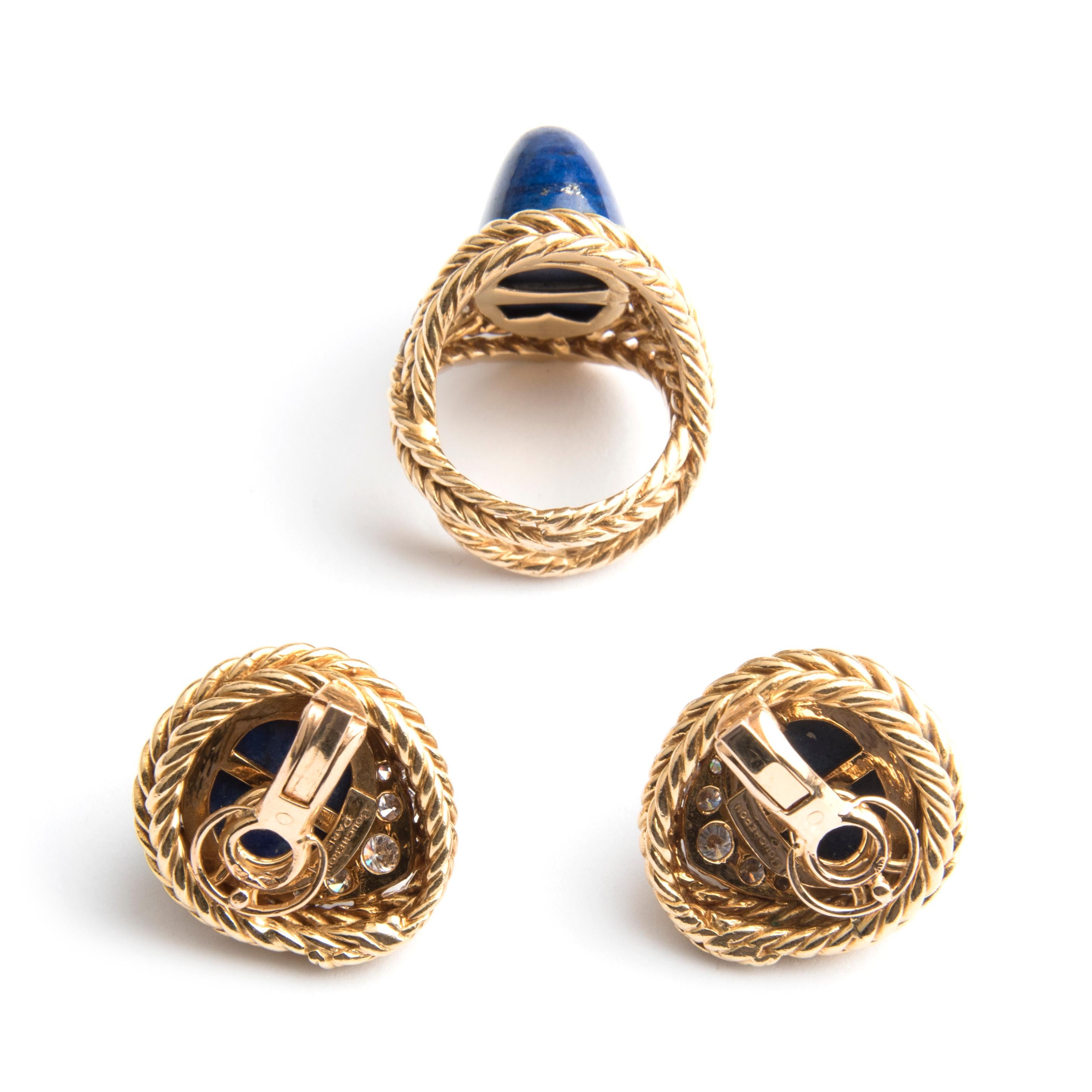 Boucheron 18k Yellow Gold Diamond and Lapis Lazuli Ring and Earrings Set In Good Condition For Sale In London, GB