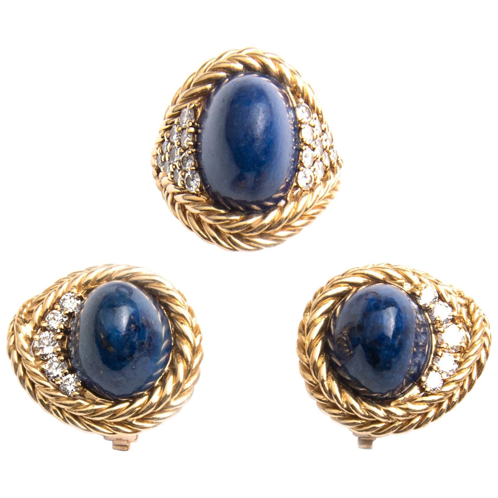 Boucheron 18k Yellow Gold Diamond and Lapis Lazuli Ring and Earrings Set For Sale