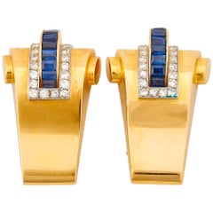 Boucheron 18 Karat Gelbgold Diamant und Saphir Double Clips Brosche Retro 1940er Jahre