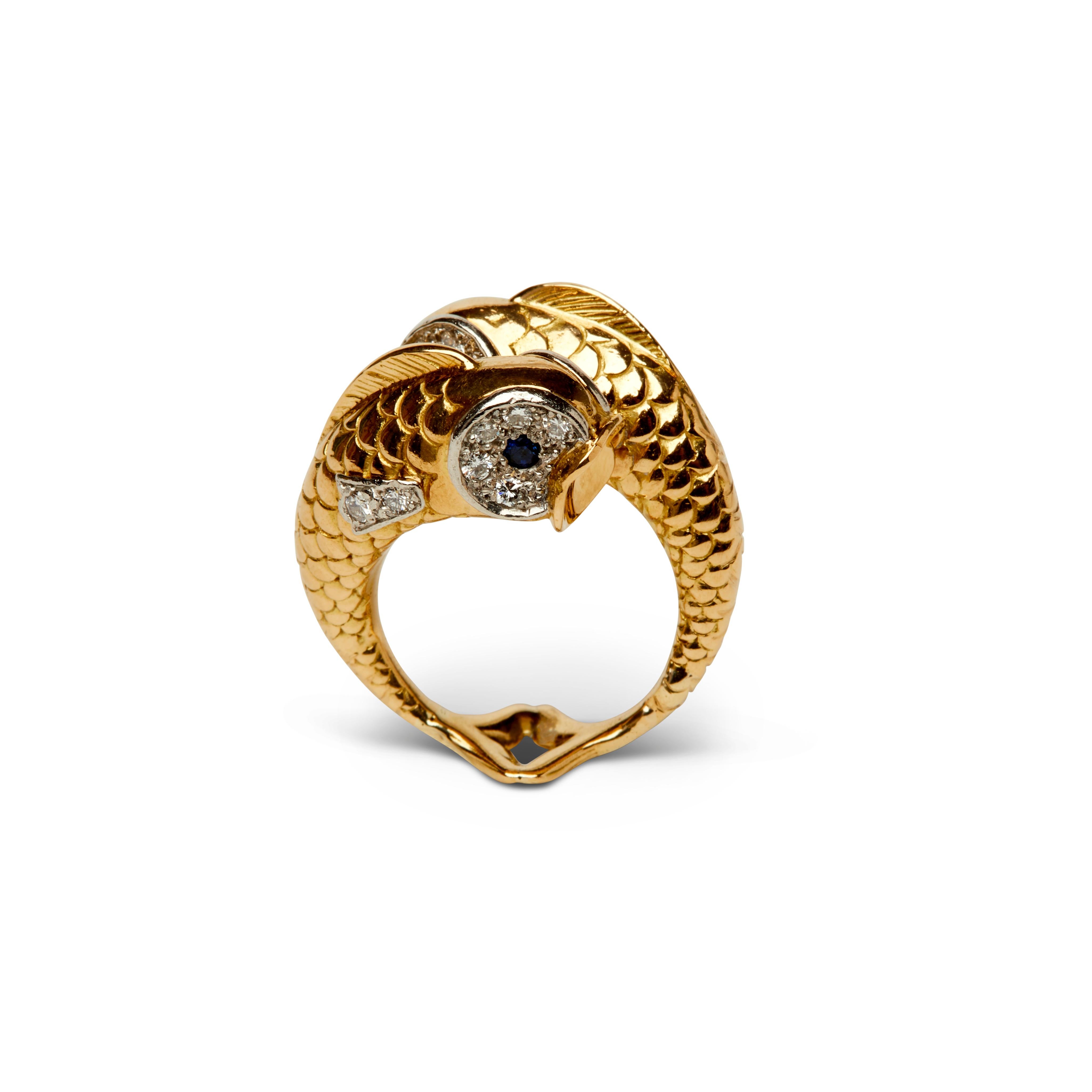 Round Cut Boucheron 18k Yellow Gold, Diamond, Sapphire Ring