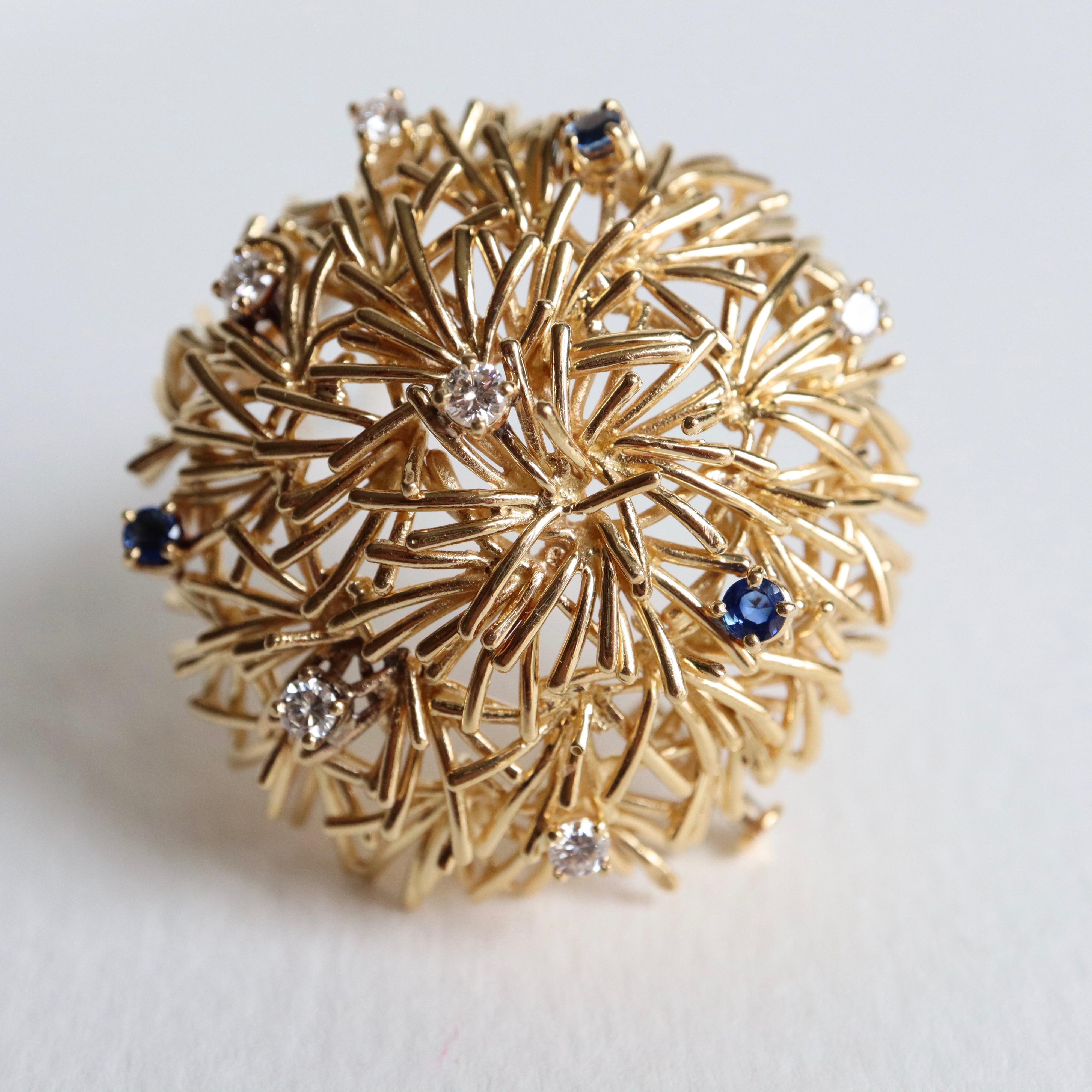 Women's or Men's Boucheron 18 Karat Gold Stylized Thorn Ball Brooch with Sapphires and Diamonds For Sale