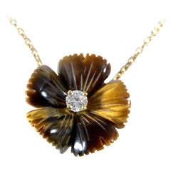 Boucheron 18 Karat Yellow Gold Tiger's Eye and Diamond Pendant Necklace