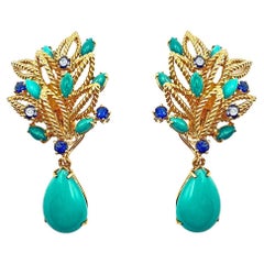 Retro Boucheron 18kt Gold Turquoise Sapphire Drop Earrings