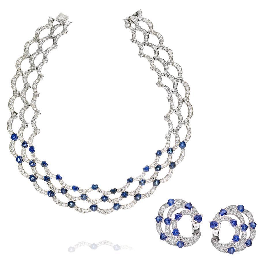Boucheron 18KWhiteGold Heart Shaped Sapphires And Earrings Necklace and Earrings For Sale