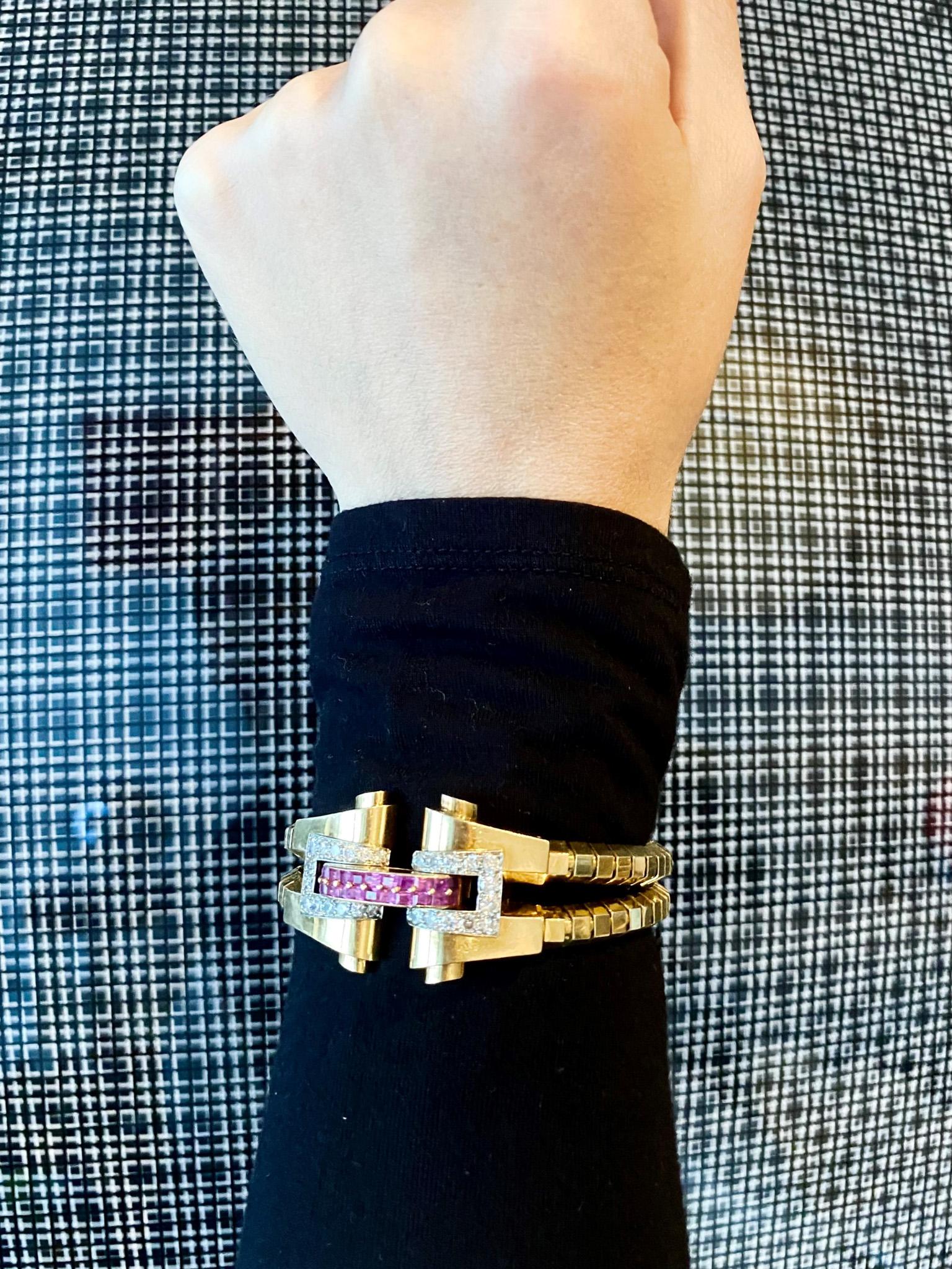 Mixed Cut Boucheron 1937 Paris Art Deco Bracelet 18Kt Gold and 5.44 Ctw Diamonds & Rubies For Sale