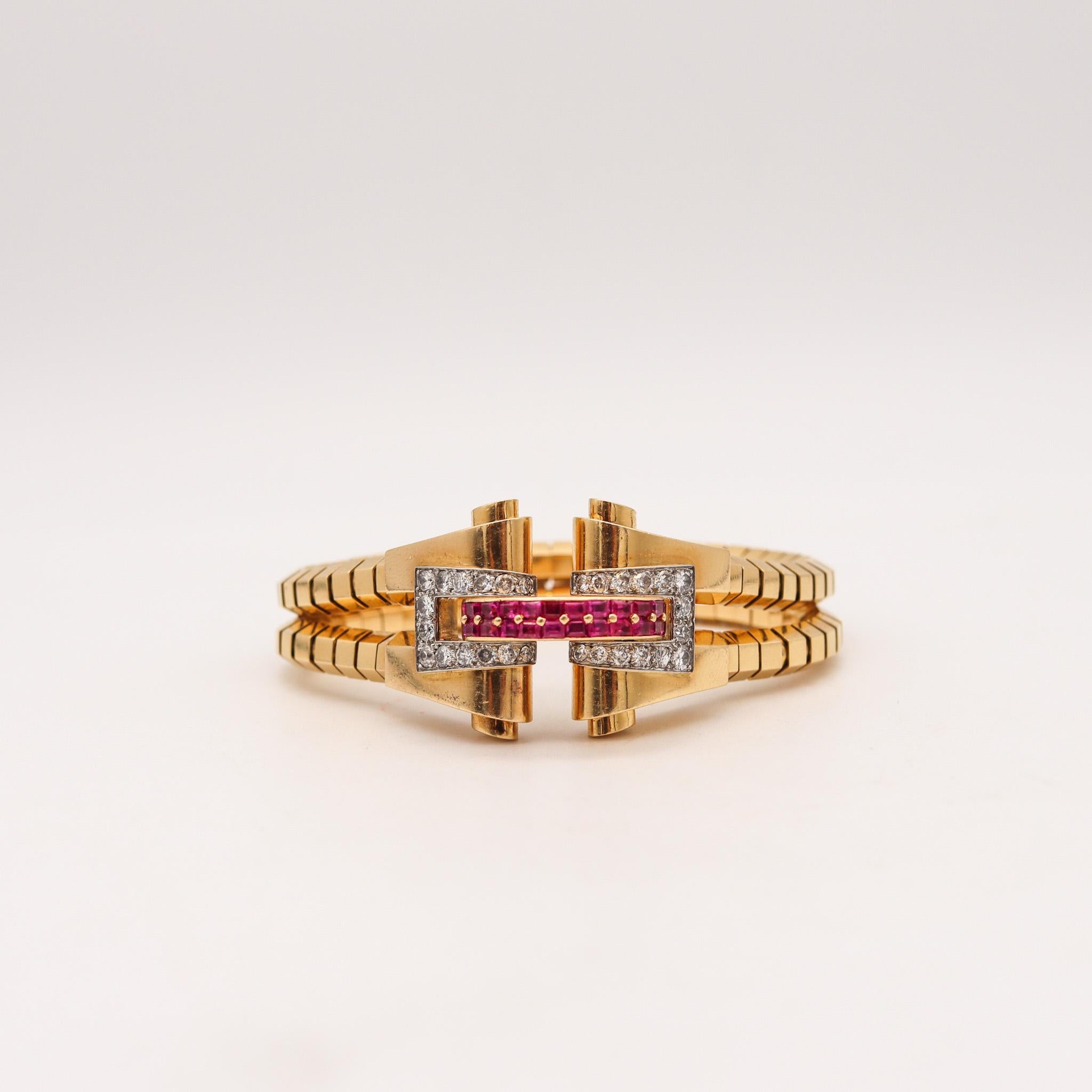 Women's Boucheron 1937 Paris Art Deco Bracelet 18Kt Gold and 5.44 Ctw Diamonds & Rubies For Sale