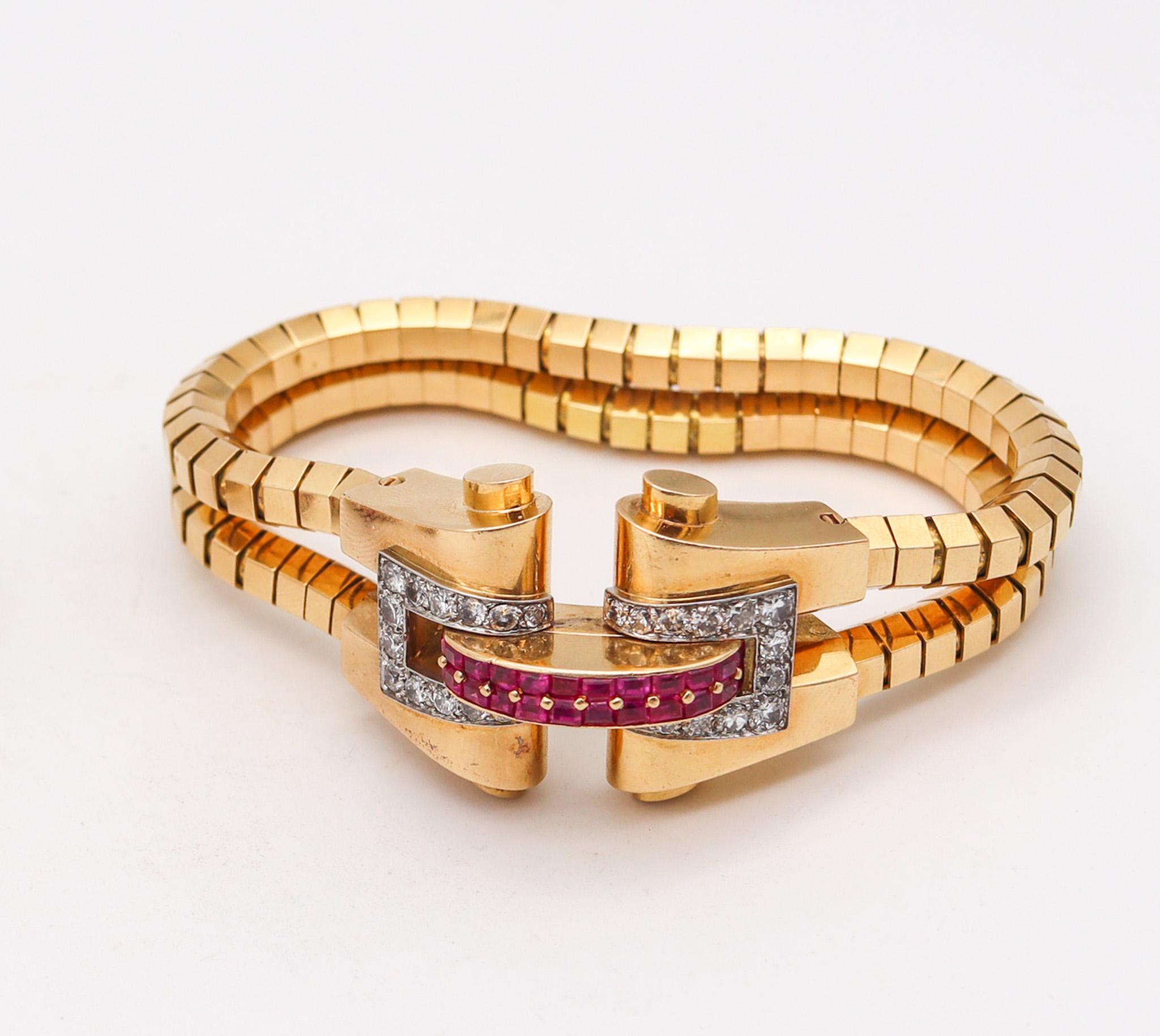 Boucheron 1937 Paris Art Deco Bracelet 18Kt Gold and 5.44 Ctw Diamonds & Rubies For Sale 1