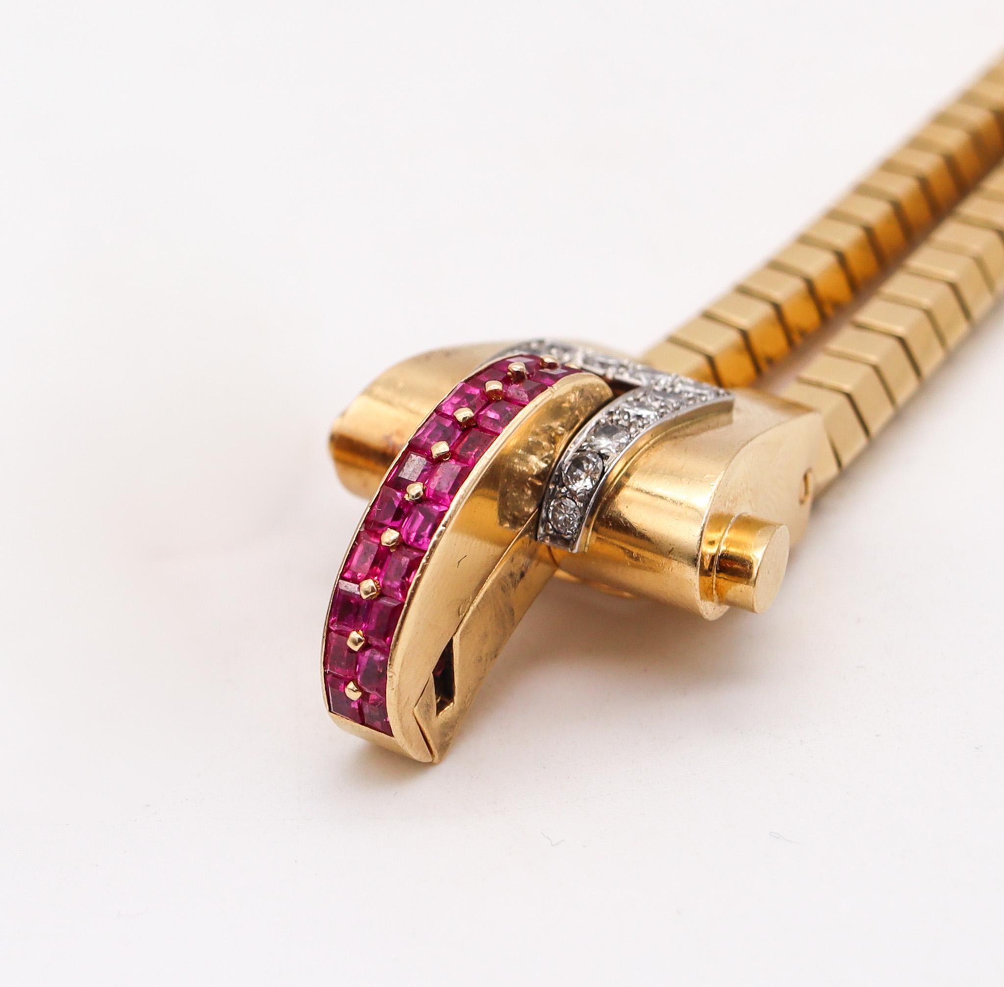 Boucheron 1937 Paris Art Deco Bracelet 18Kt Gold and 5.44 Ctw Diamonds & Rubies For Sale 2