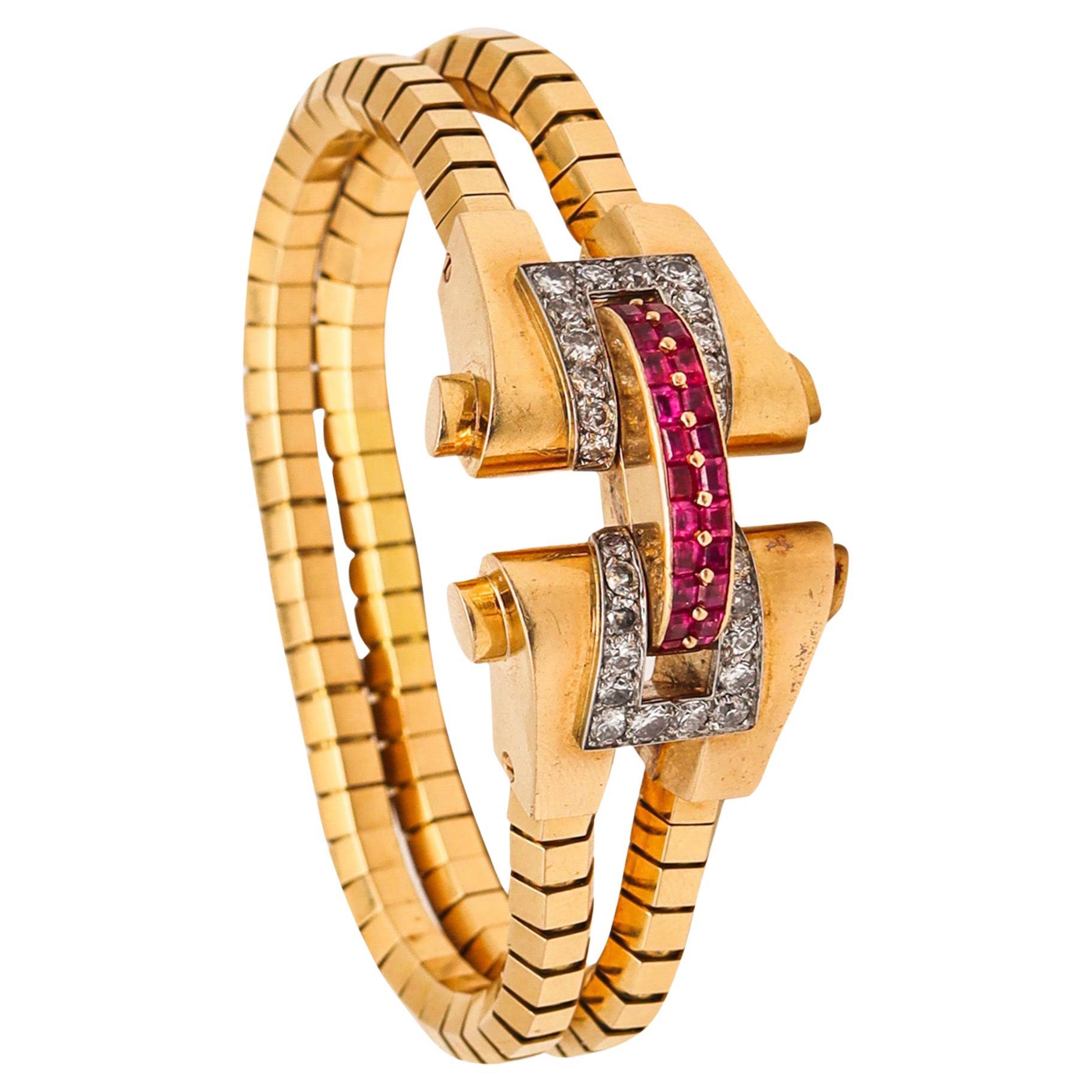 Boucheron 1937 Paris Art Deco Bracelet 18Kt Gold and 5.44 Ctw Diamonds & Rubies