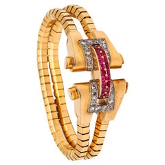Boucheron 1937 Paris Art Deco Bracelet en or 18Kt et 5.44 Ctw Diamants & Rubis