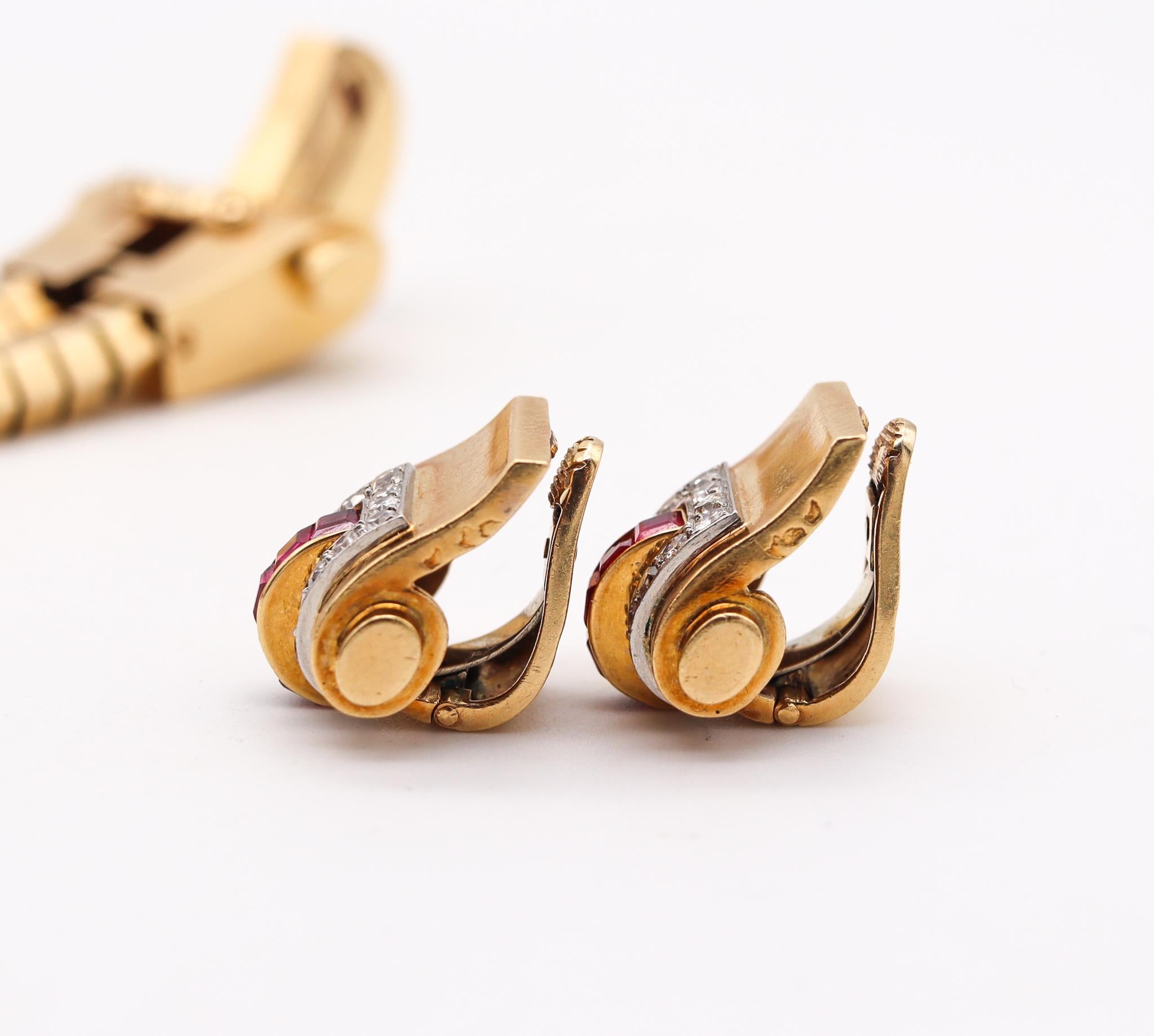 Boucheron 1937 Paris Bracelet & Earrings Suite 18Kt Gold 6.88 Ct Diamonds Rubies 1