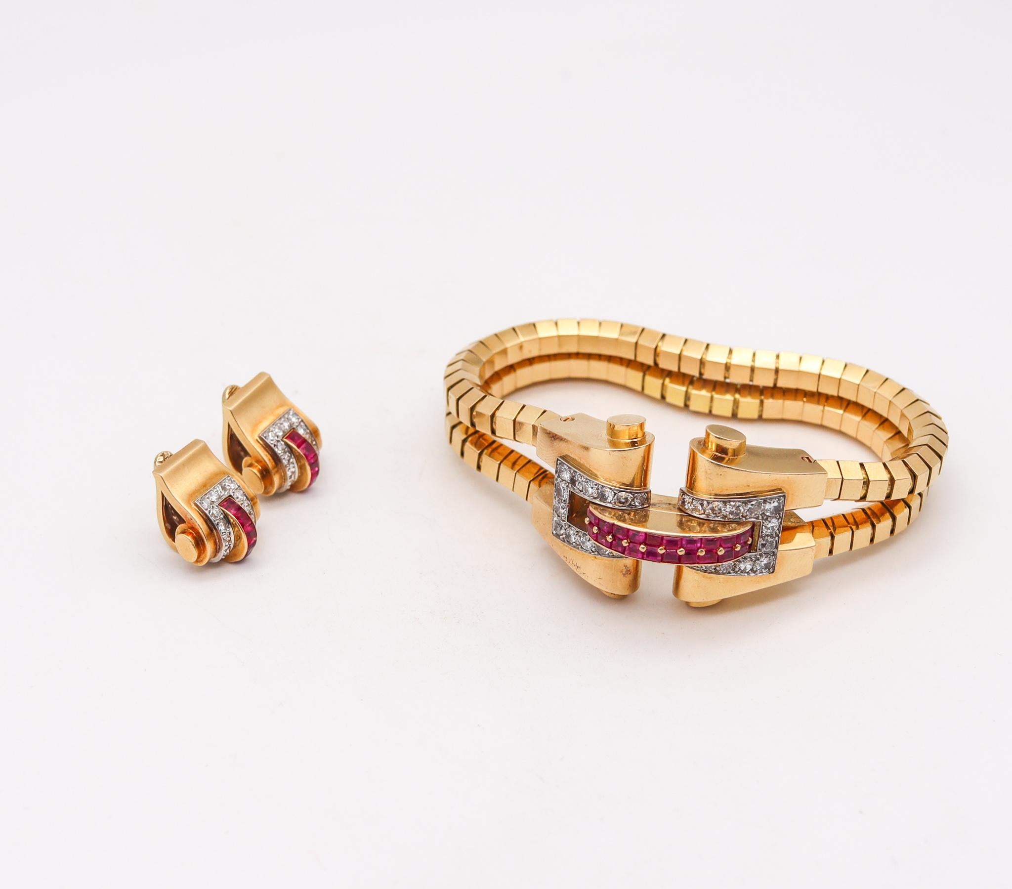 French Cut Boucheron 1937 Paris Bracelet & Earrings Suite 18Kt Gold 6.88 Ct Diamonds Rubies