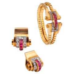 Boucheron 1937 Paris Bracelet & Earrings Suite 18Kt Gold 6.88 Ct Diamonds Rubies
