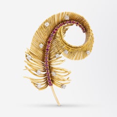 Boucheron 1950s 18 Karat Gold, Diamond and Ruby Feather Brooch Pin