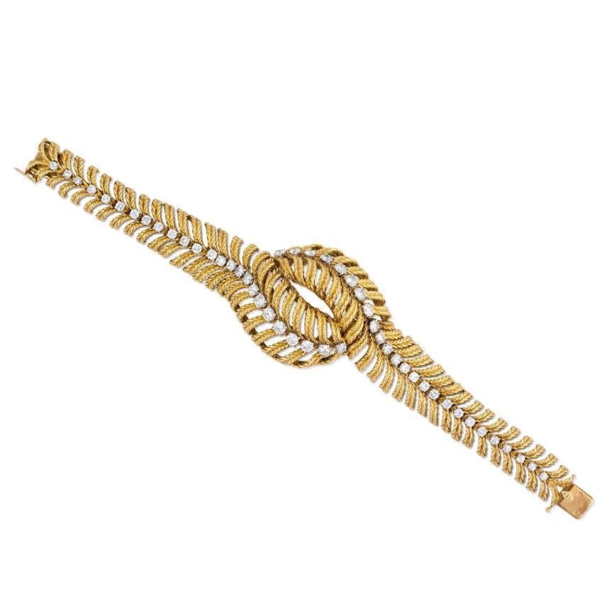 Boucheron 1950s Gold and Diamond Plume Design Bracelet