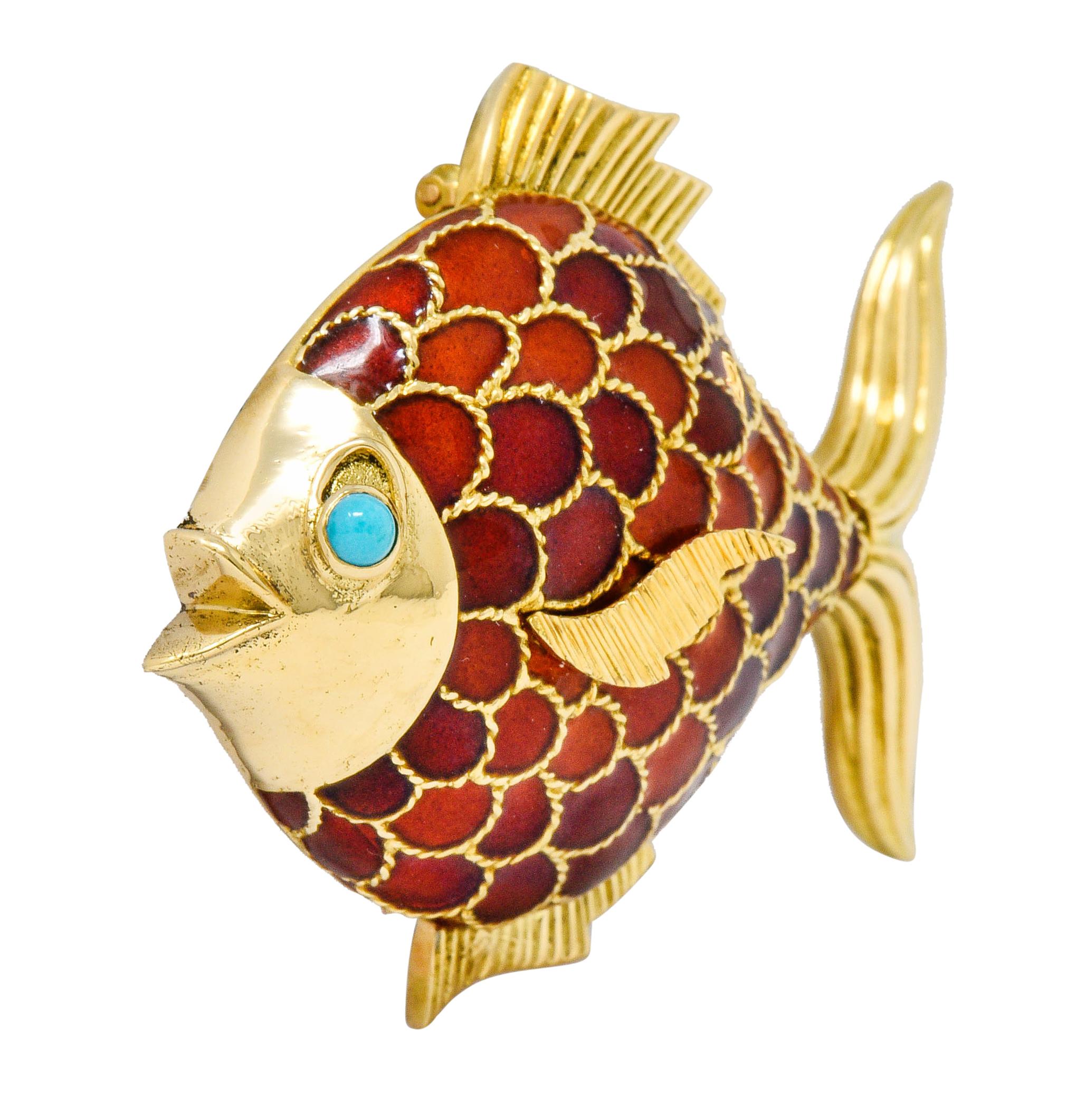 Brooch is designed as an adorable fish with twisted rope motif scales and deeply ribbed fins

Scales are glossed with boldly red to orangey-red enamel with no loss

Accented by a bright greenish-blue 2.8 mm turquoise cabochon eye

Completed by a
