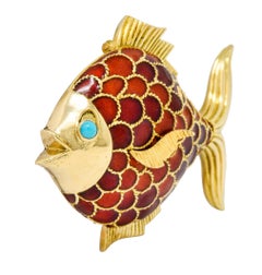 Boucheron 1950s Midcentury Turquoise Enamel 18 Karat Gold Fish Brooch