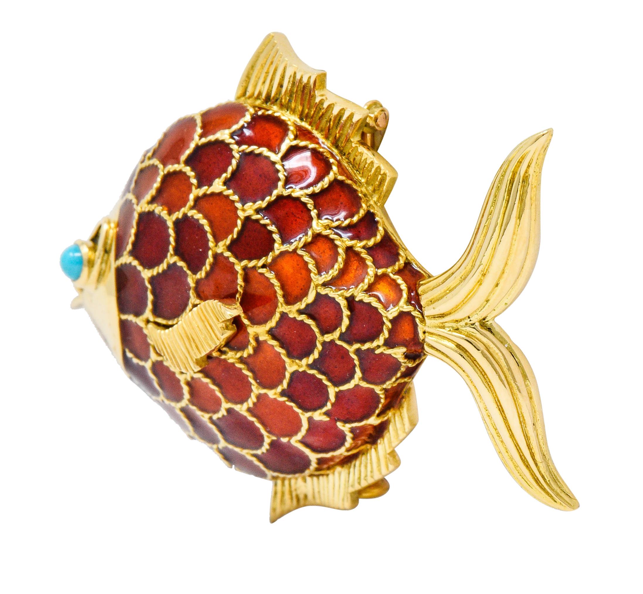 Retro Boucheron 1950s Midcentury Turquoise Enamel 18 Karat Gold Fish Brooch