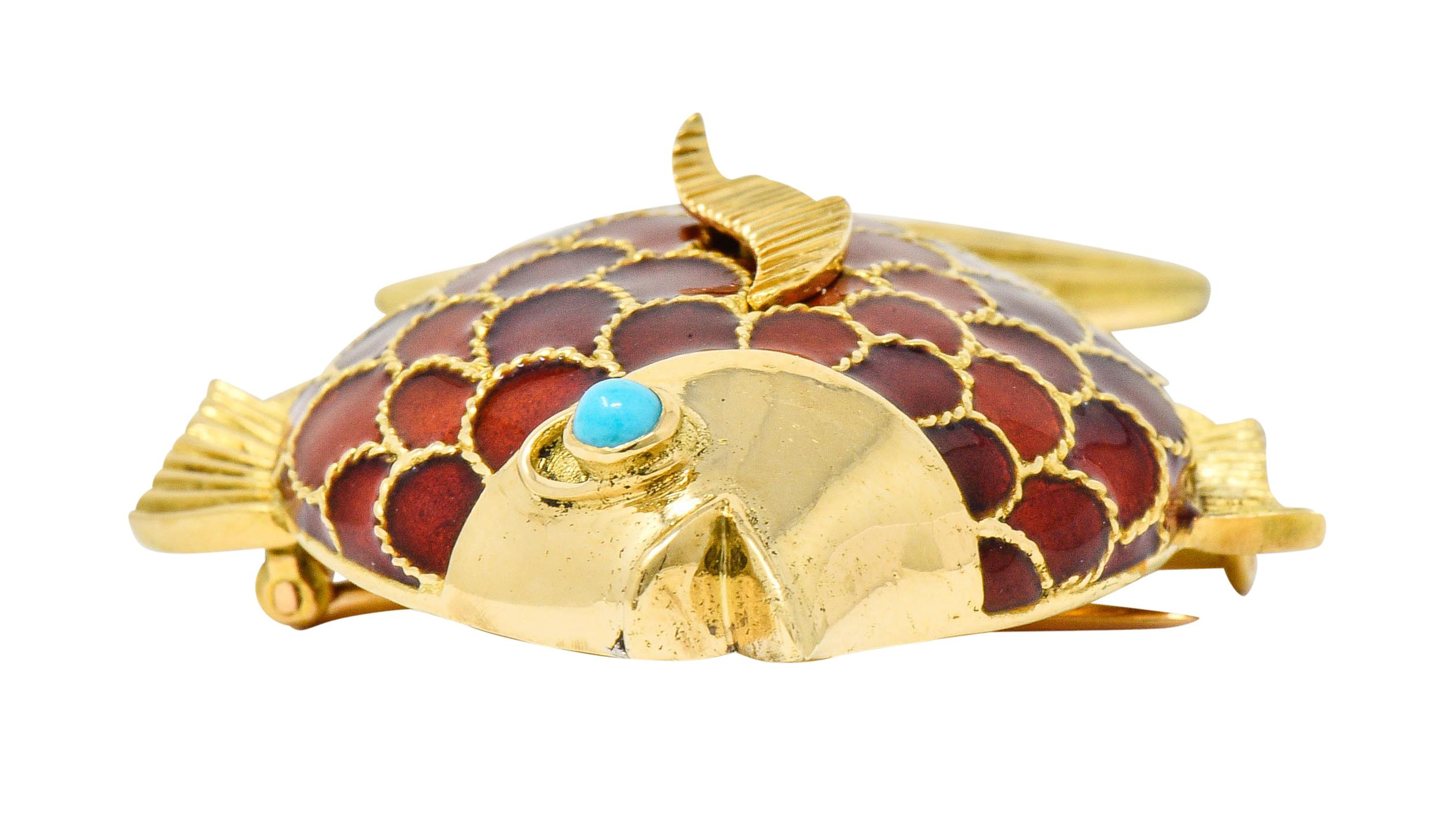 Boucheron 1950s Midcentury Turquoise Enamel 18 Karat Gold Fish Brooch 2