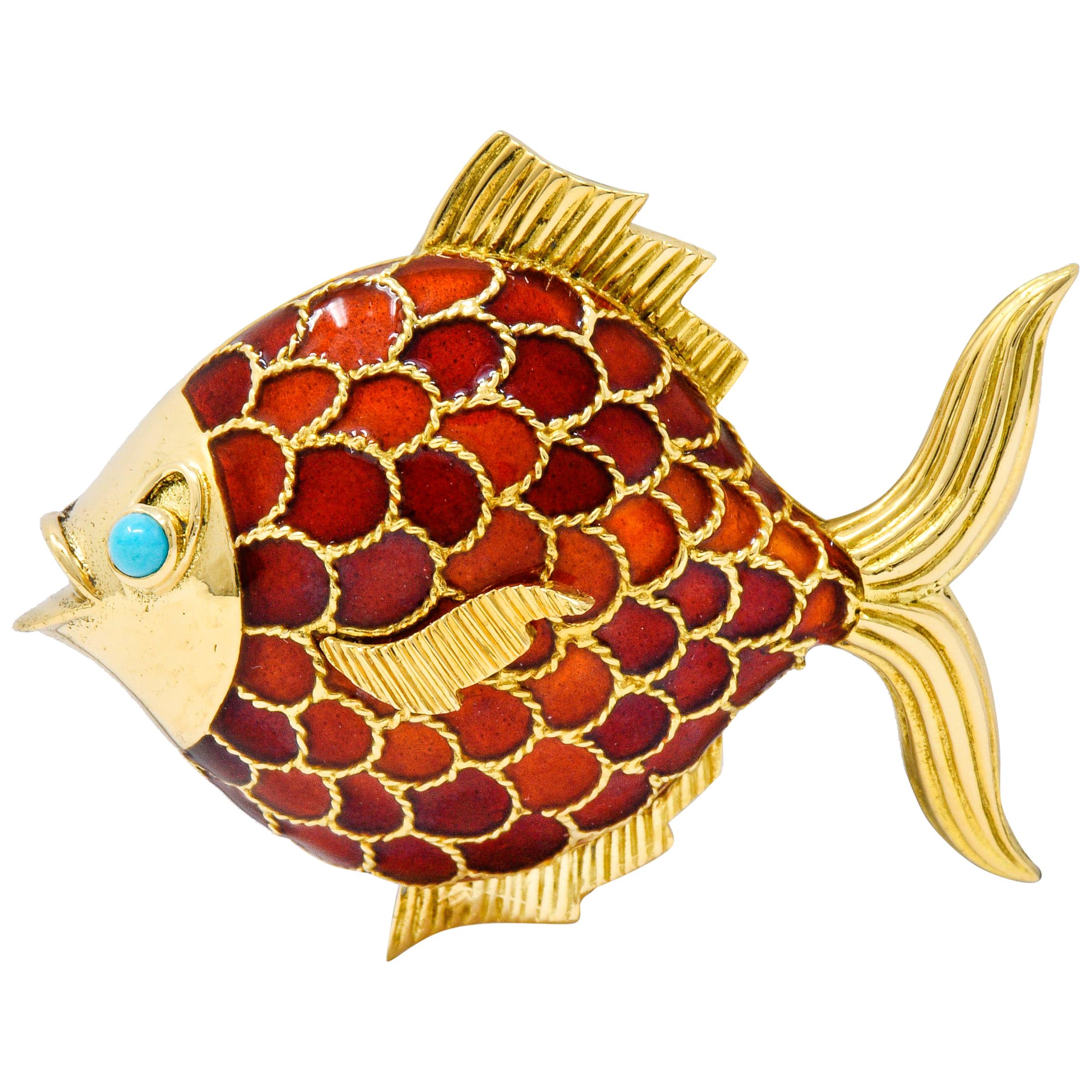 Boucheron 1950s Midcentury Turquoise Enamel 18 Karat Gold Fish Brooch