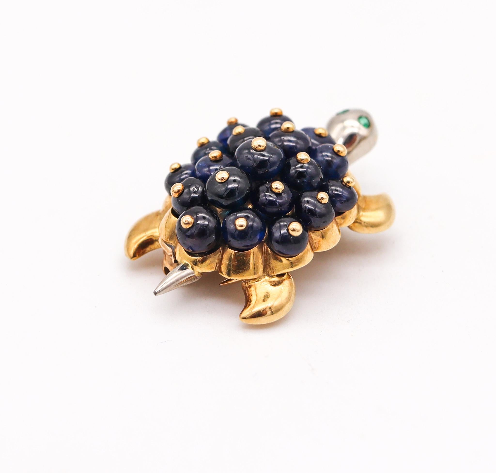 Modernist Boucheron 1960 Paris Turtle Brooch In 18Kt Gold With 15.24 Cts Sapphires Emerald For Sale