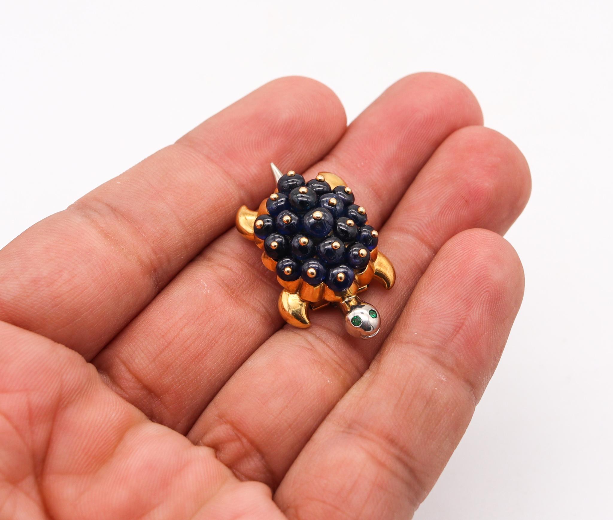 Women's or Men's Boucheron 1960 Paris Turtle Brooch In 18Kt Gold With 15.24 Cts Sapphires Emerald For Sale