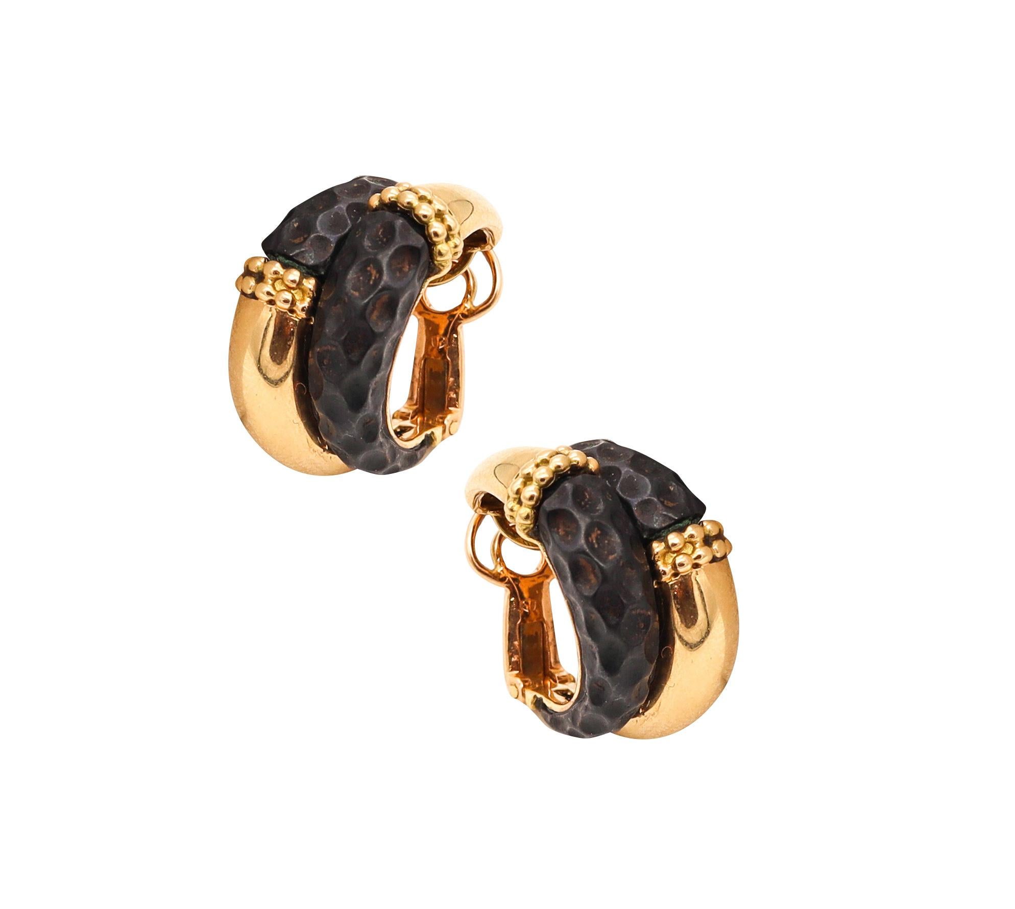 Modernist Boucheron 1970 Paris Modernism Clip Earrings In 18Kt Gold with Patinated Airain