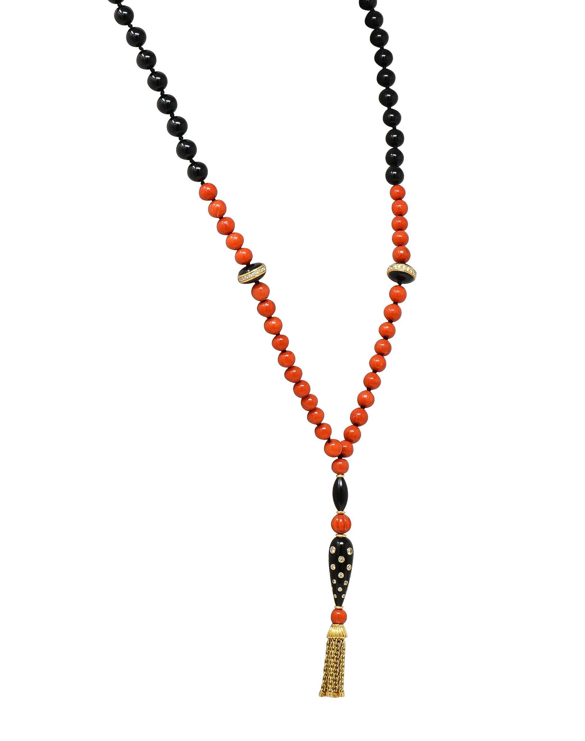 da uomo o donna Boucheron 1970 Diamante Onice Oro 18K Collana vintage con perline e nappe Sautoir in vendita