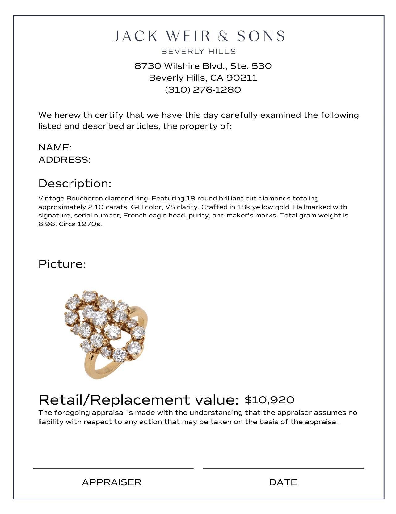 Women's or Men's Boucheron 2.10 carat total weight diamond 18k yellow gold ring
