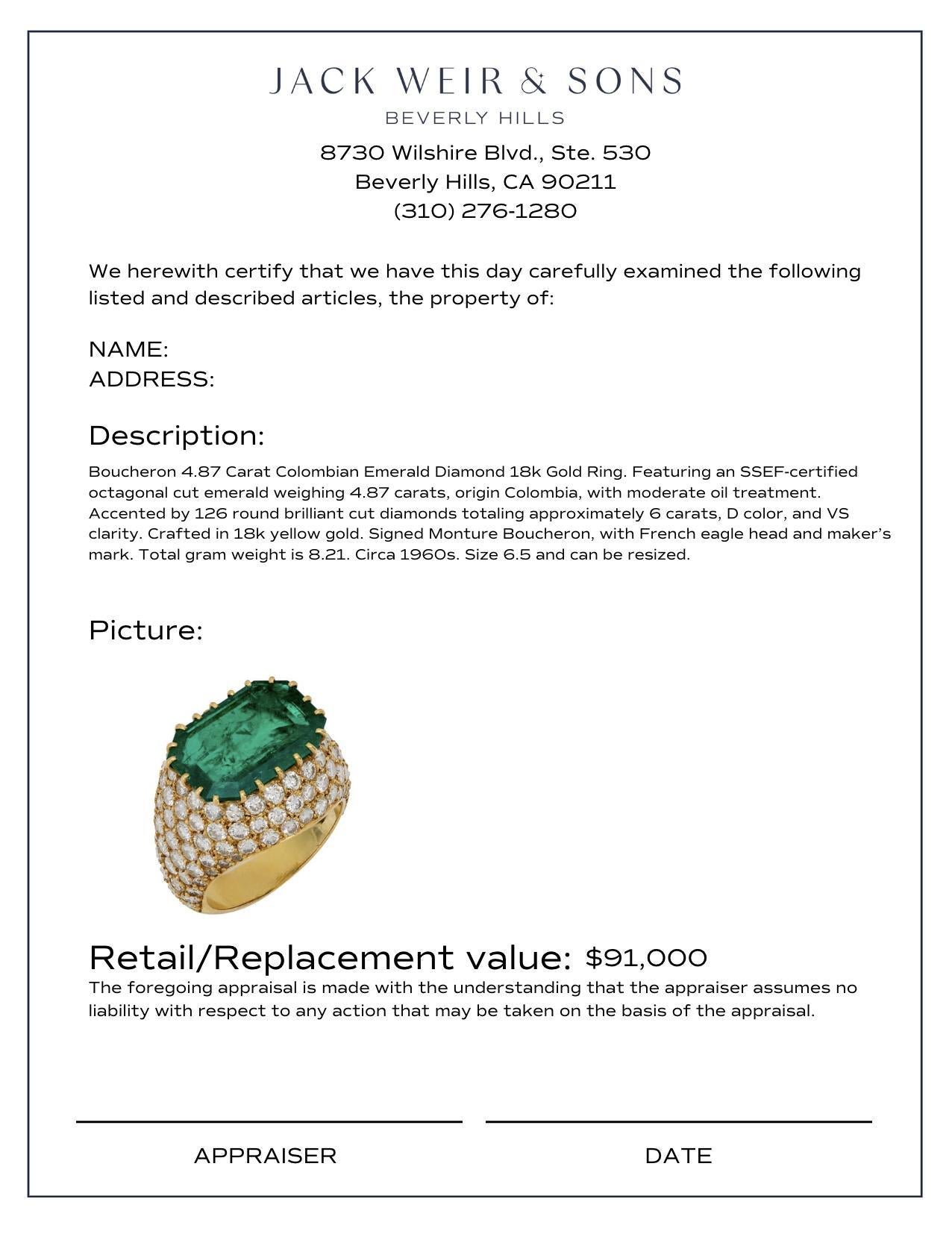 Boucheron 4.87 carat Colombian emerald diamond 18k gold ring In Good Condition For Sale In Beverly Hills, CA