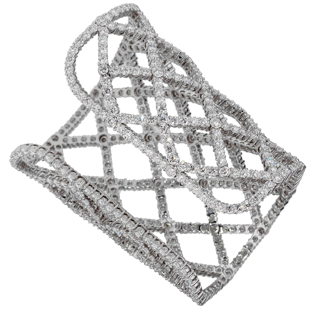 Round Cut Boucheron 64.47ct Diamond 18k White Gold Cuff Bracelet For Sale