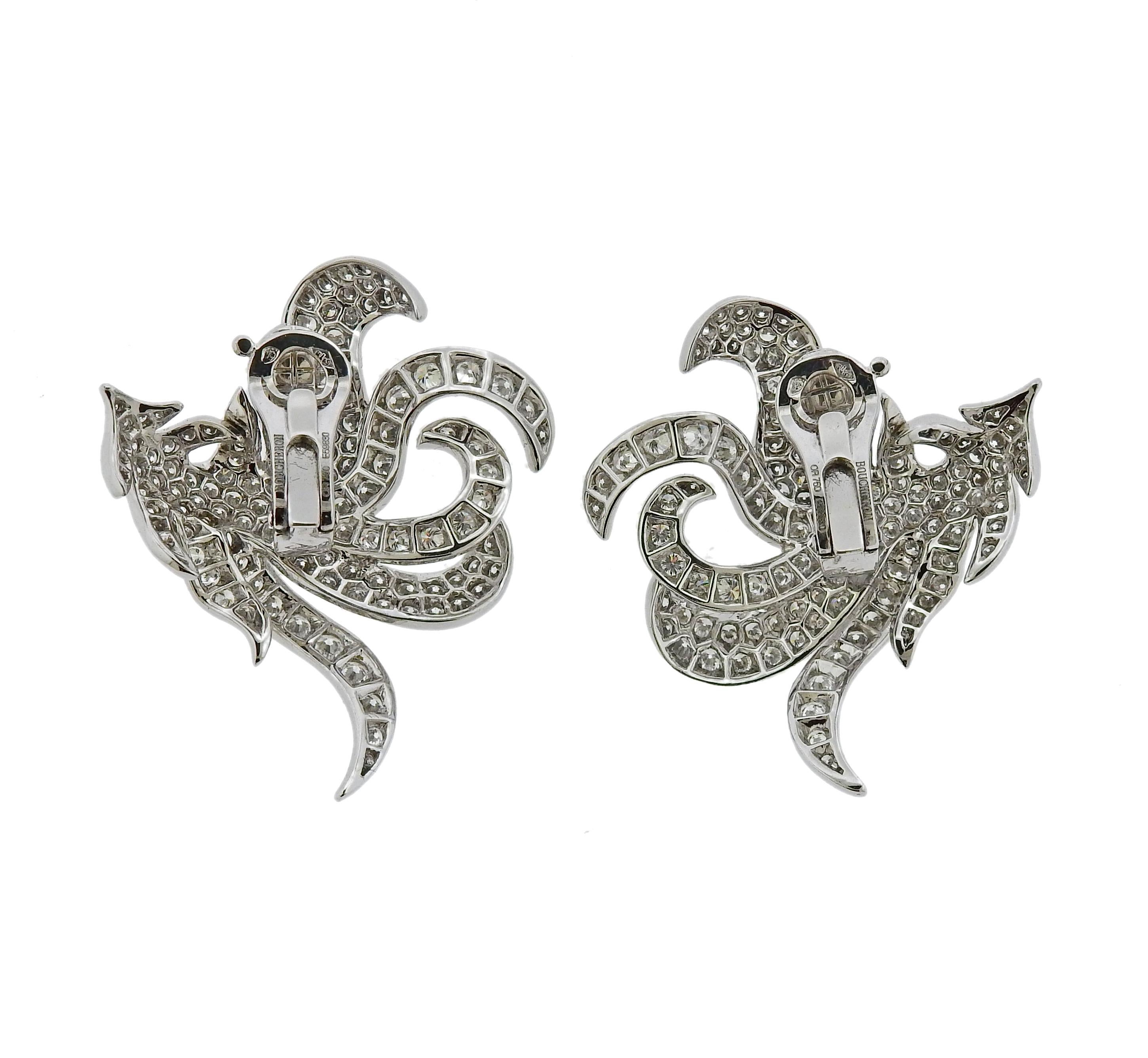 Pair of exquisite Boucheron 18k white gold cocktail earrings, set with a total of approximately 7.50cts in FG/VVS-VS diamonds. Earrings are measured 42mm x 33mm. Weight is 26.2 grams. Marked: Boucheron, or750,559830, French marks.