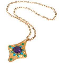 Retro Boucheron Amethyst, Chrysophrase, Turquoise and Diamond Pendant Necklace