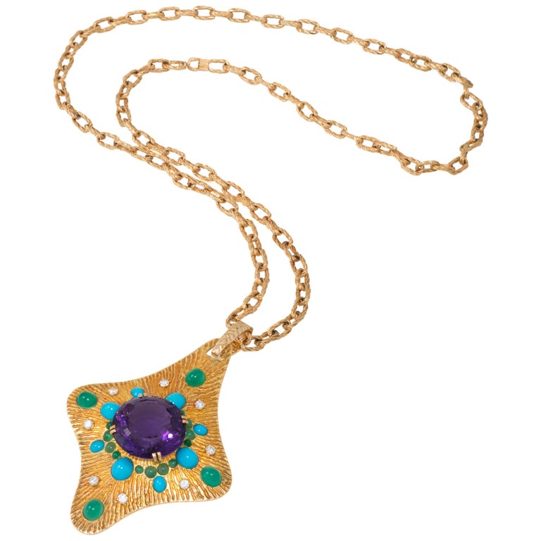 Boucheron Amethyst, Chrysophrase, Turquoise and Diamond Pendant Necklace For Sale