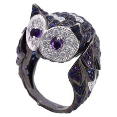 Boucheron Amethyst Sapphire Diamond 18 K White Gold Noctua The Owl Chouette Ring