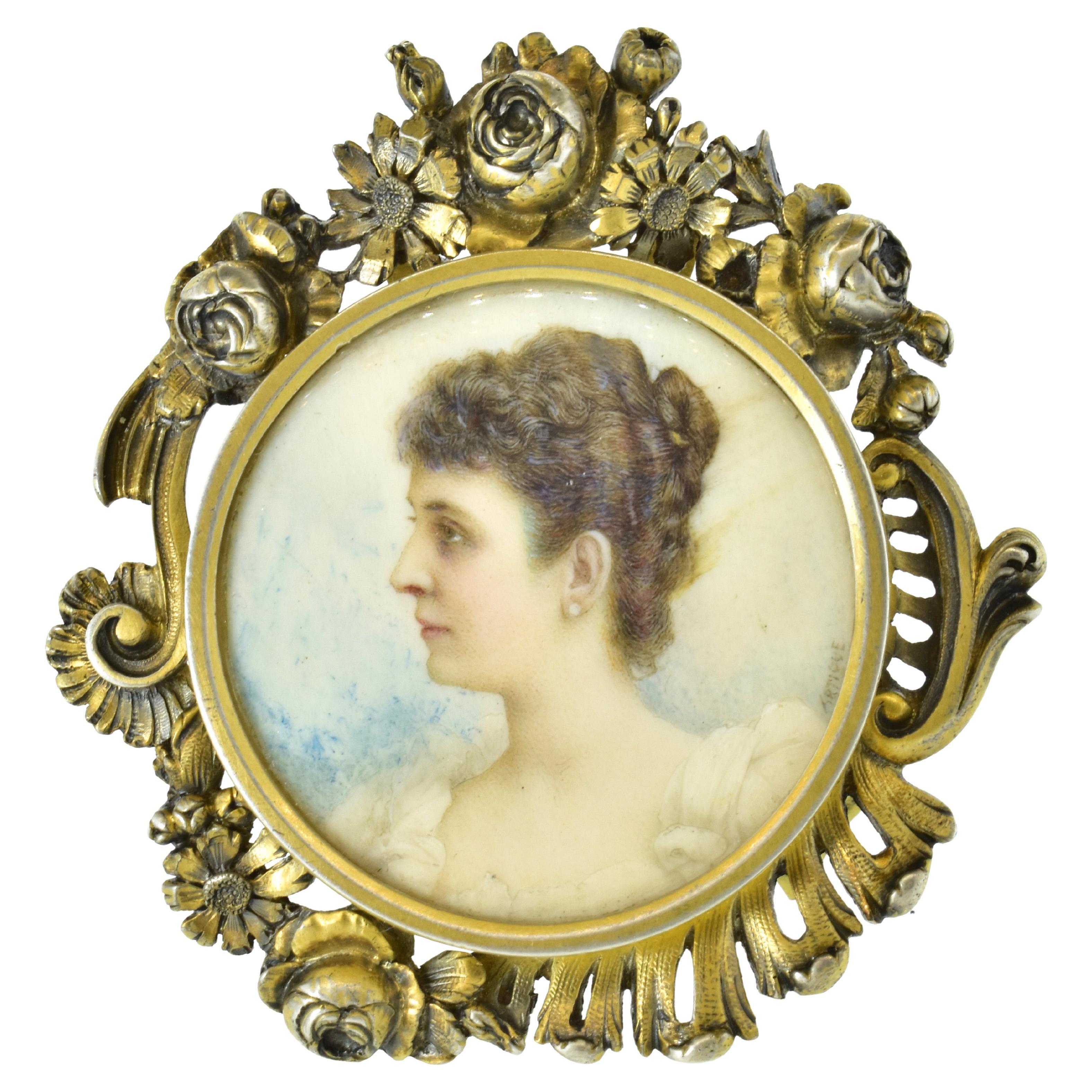 Conjunto de pintura al óleo en miniatura antigua Boucheron en un marco de escritorio de plata París c 1870