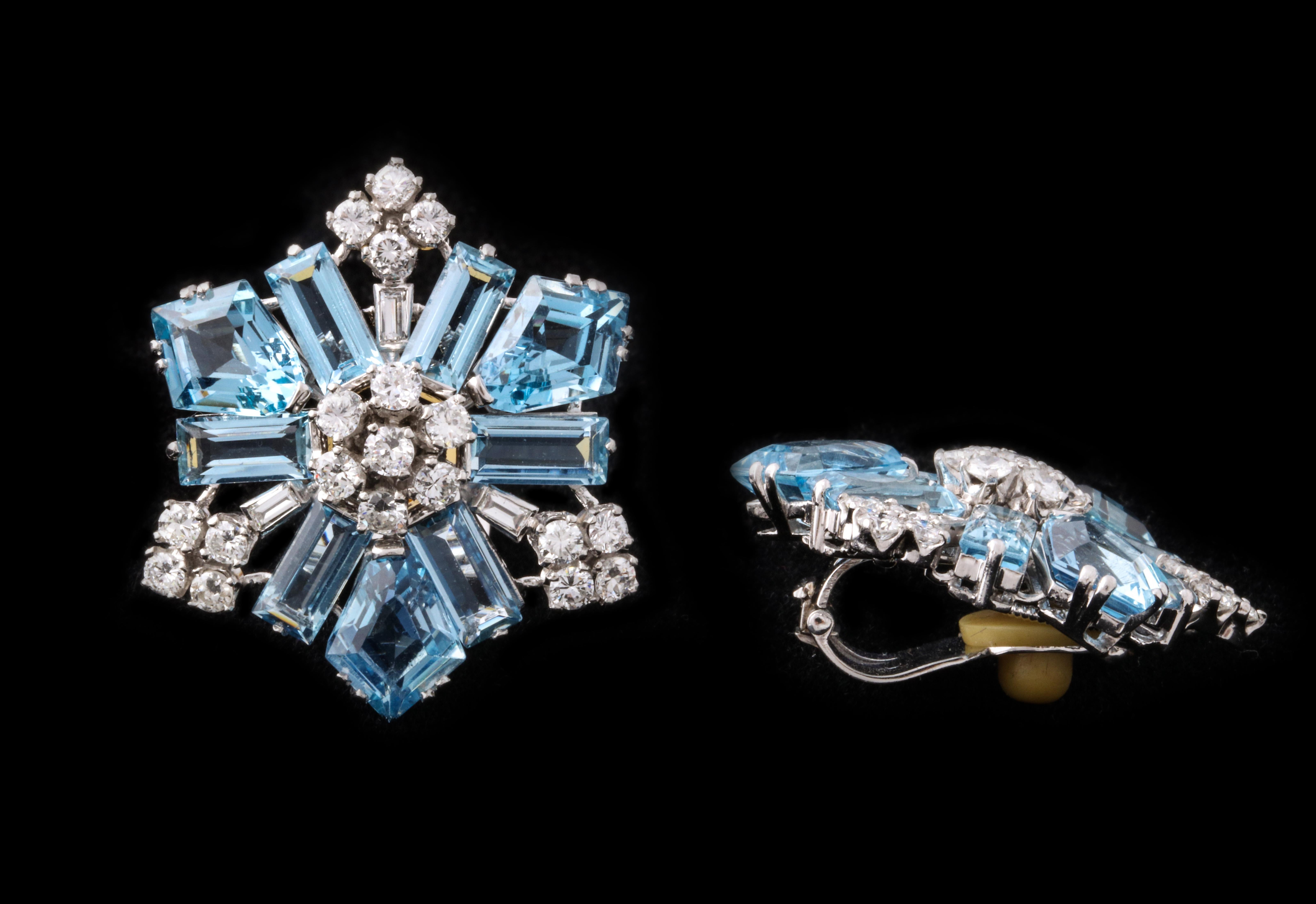 Large size Aquamarine and Diamond Snowflake earrings made by Boucheron 

Made in France Circa 1940 

With Original box

