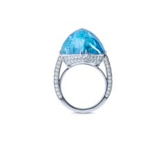 Boucheron Aquamarine Cabochon Diamond Pave 18K White Gold Cocktail Ring
