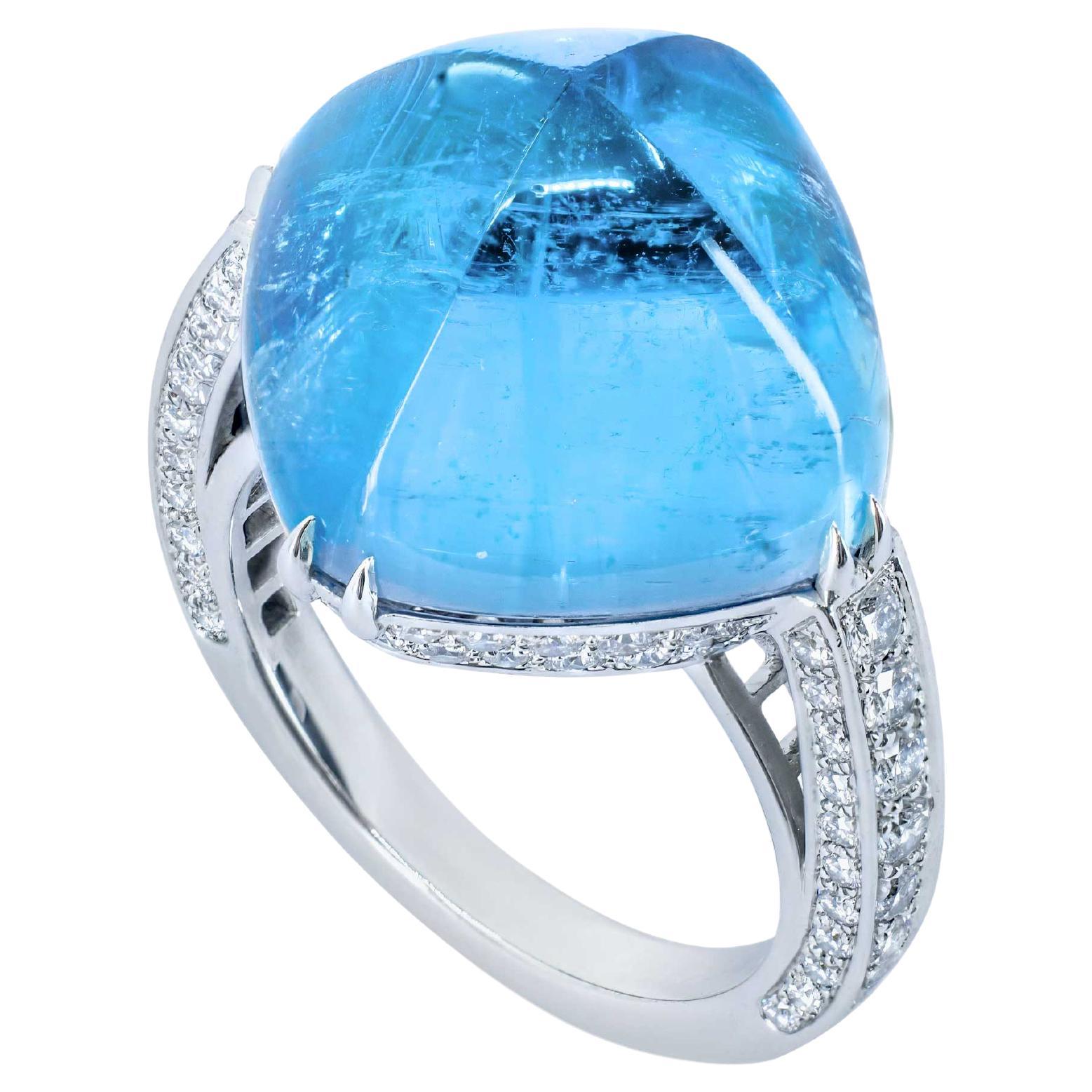 Boucheron Aigue-marine Cabochon Diamant Pave Bague Cocktail Or Blanc 18K