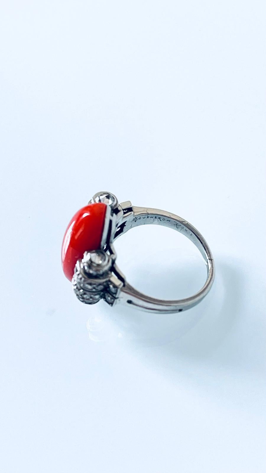 Boucheron Art Deco Diamond Coral Platinum Ring C1920 In Good Condition For Sale In Firenze, IT