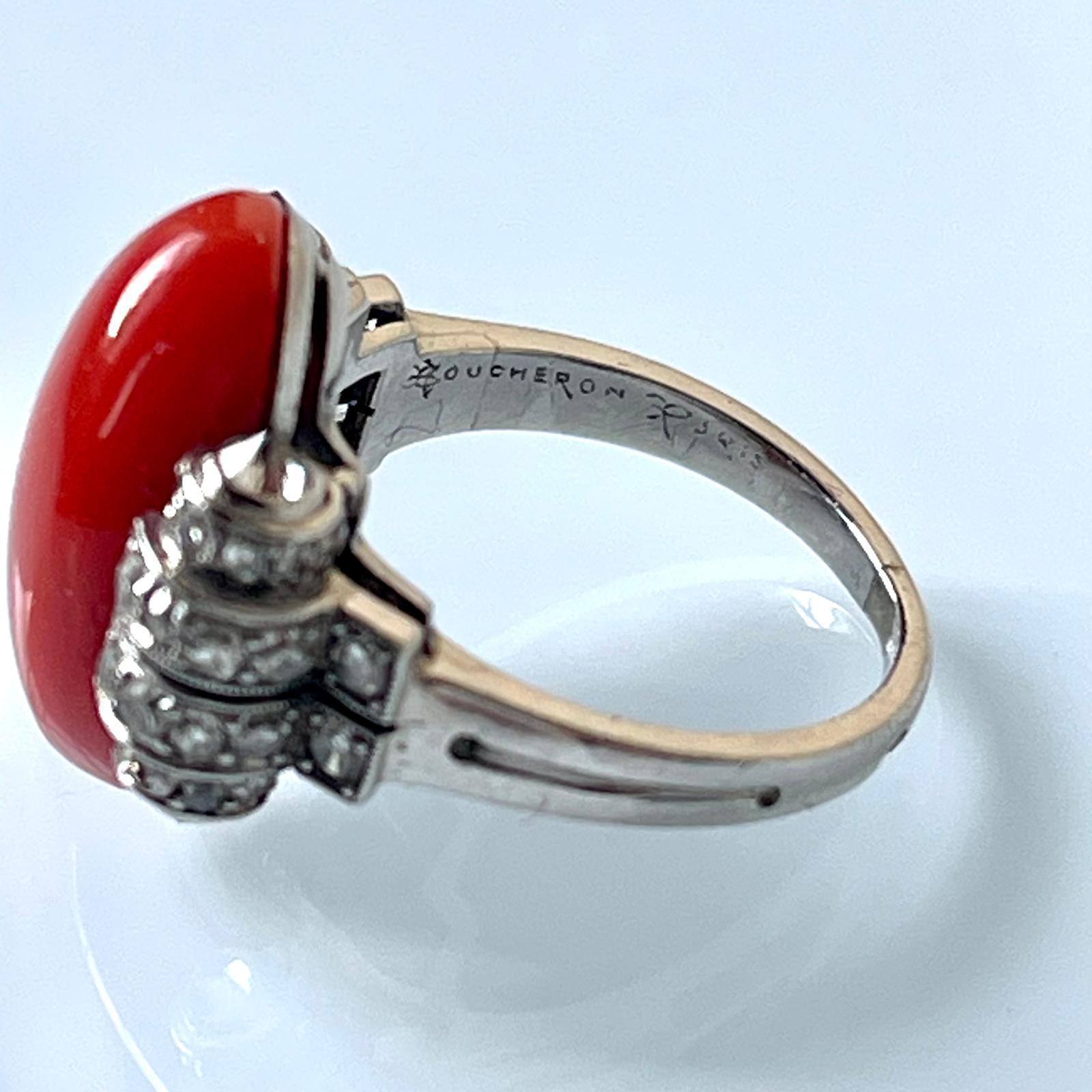 Women's or Men's Boucheron Art Deco Diamond Coral Platinum Ring C1920 For Sale