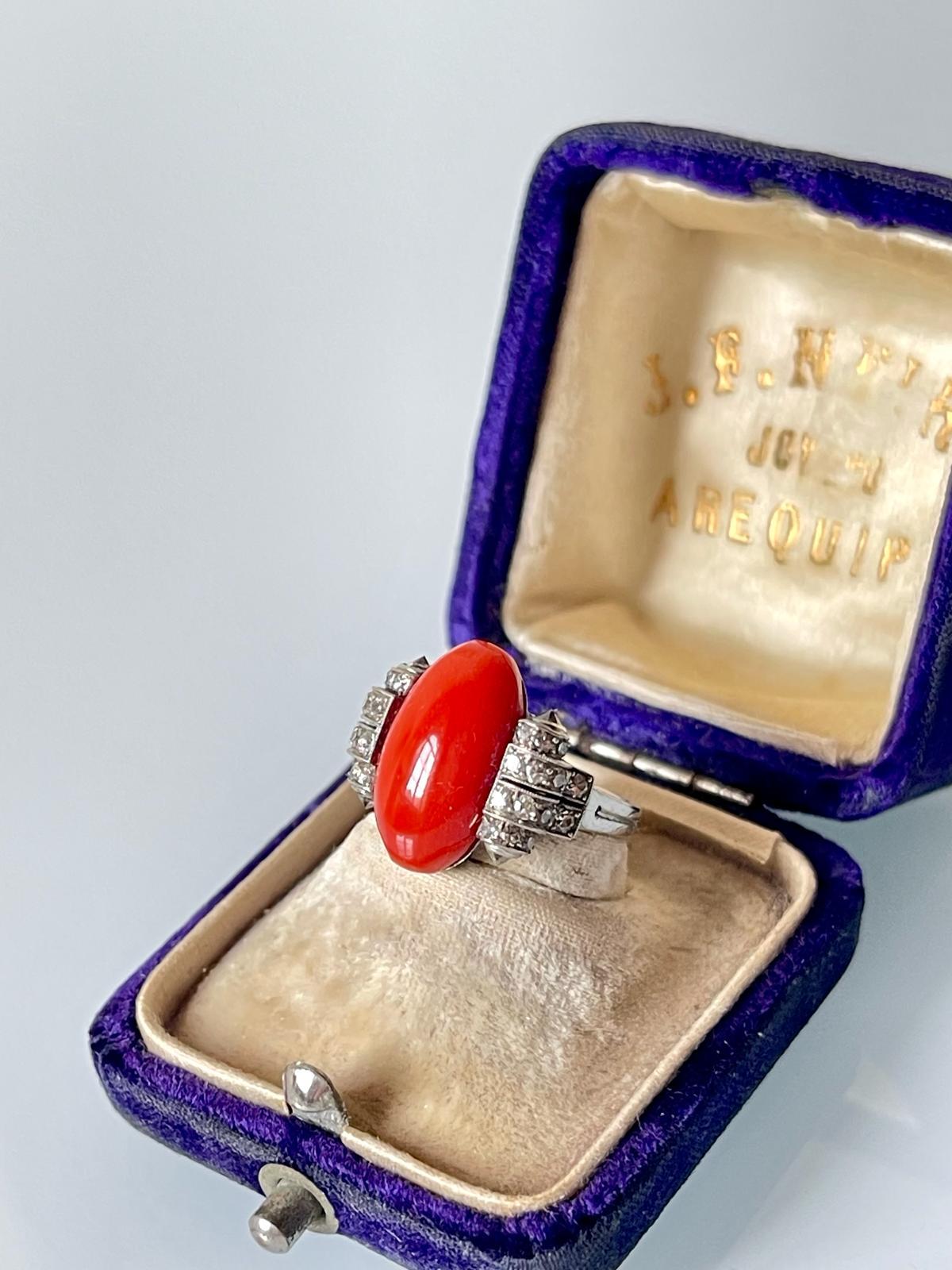 Boucheron Art Deco Diamond Coral Platinum Ring C1920 For Sale 3