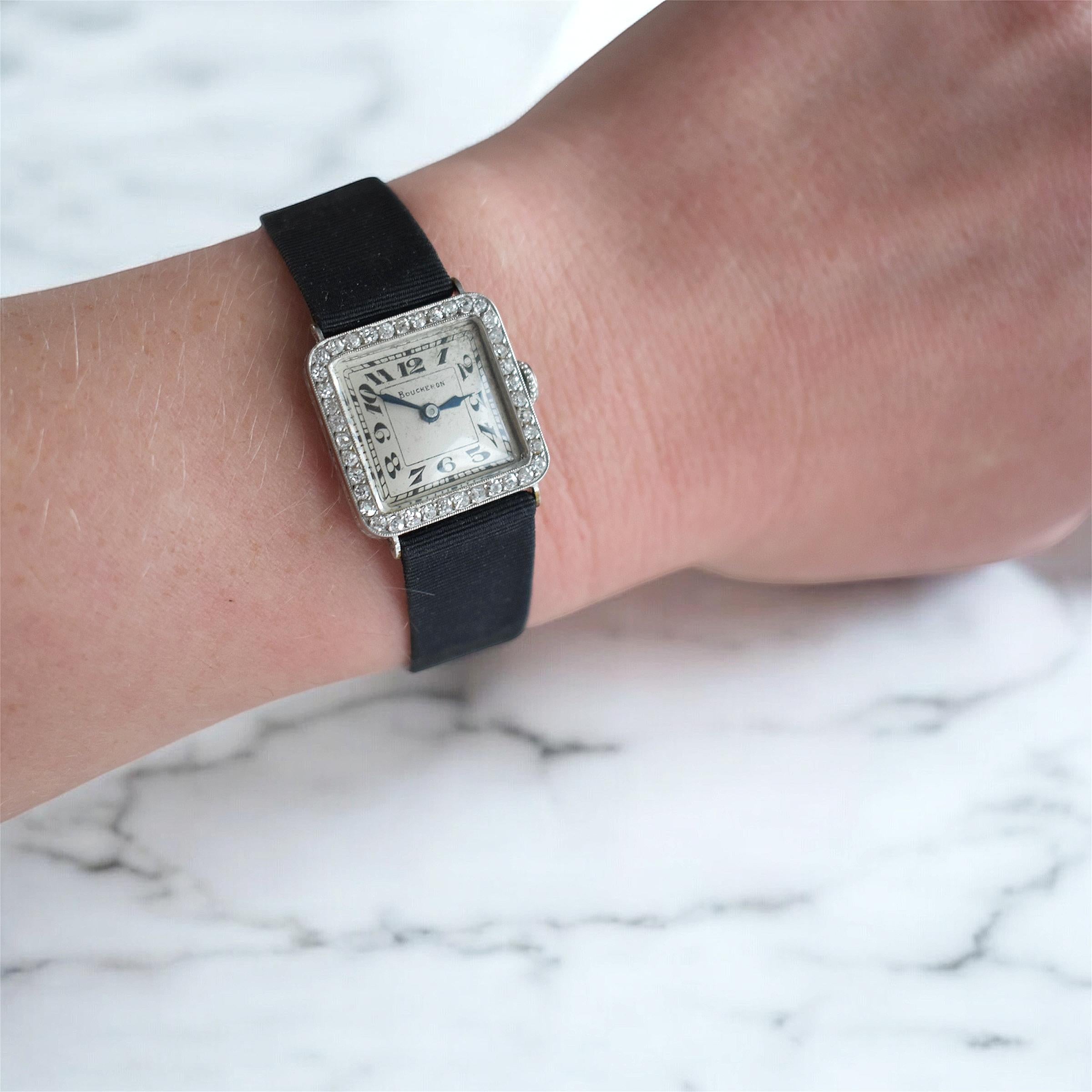 Boucheron Art Deco Platinum & Diamond Watch – Antique 1920s In Good Condition For Sale In PARIS, FR