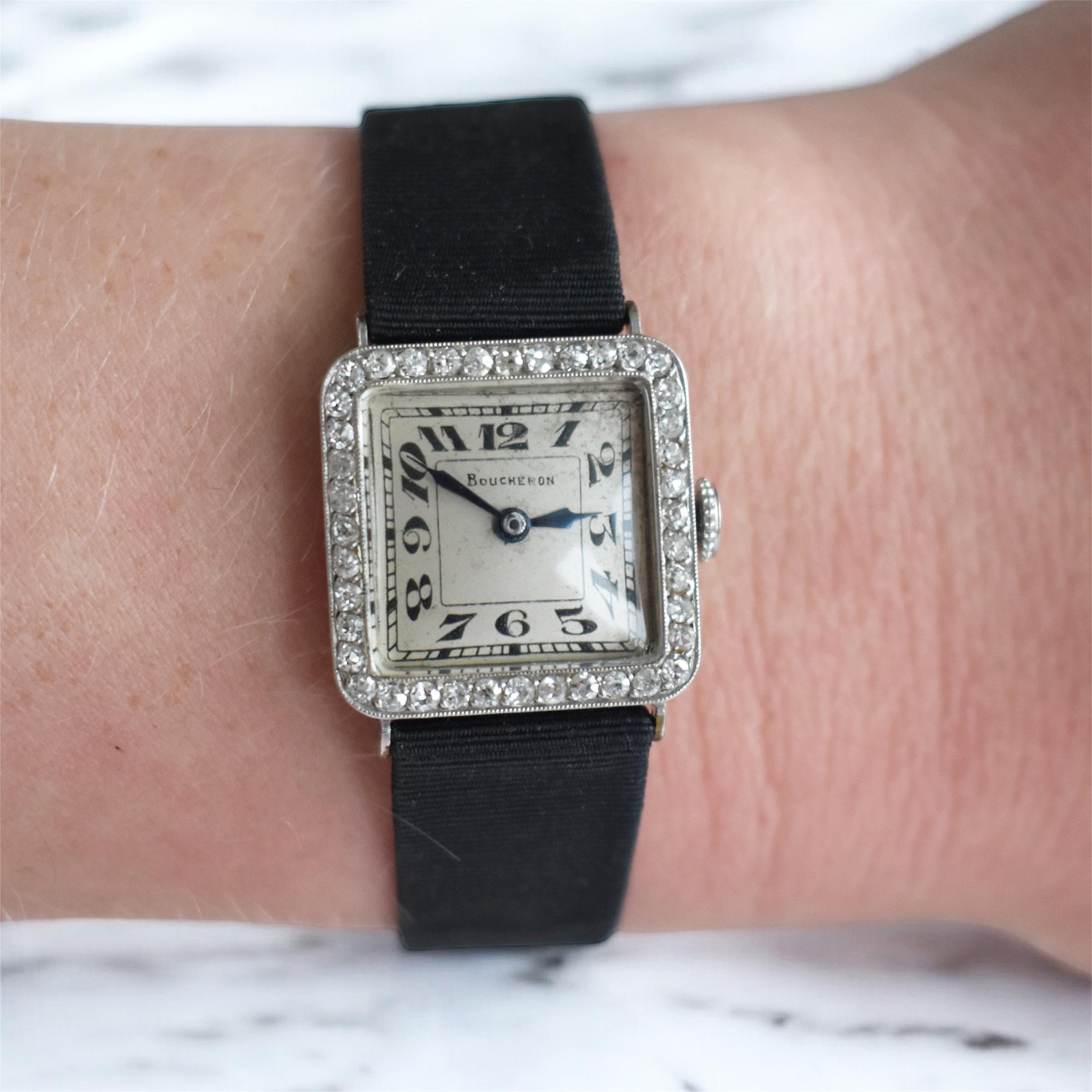 Women's or Men's Boucheron Art Deco Platinum & Diamond Watch – Antique 1920s For Sale