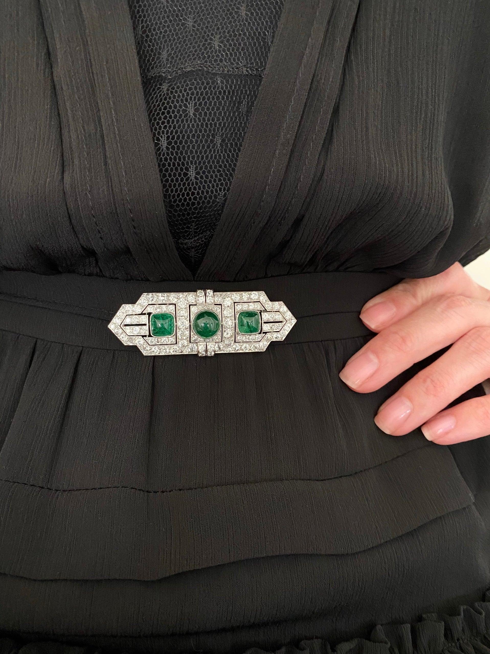 Boucheron Art Deco Platinum, Emerald and Diamond Brooch For Sale 1